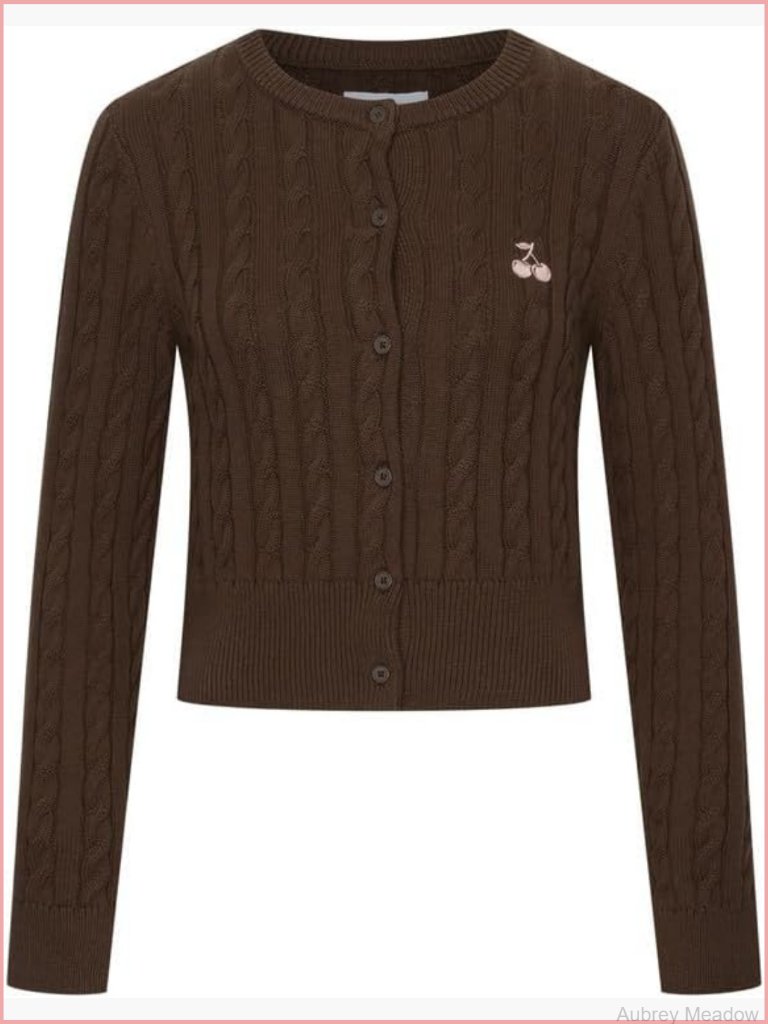 Embroidered Cherry Cardigan - Soft Knit, Crew Neck, Slim Fit